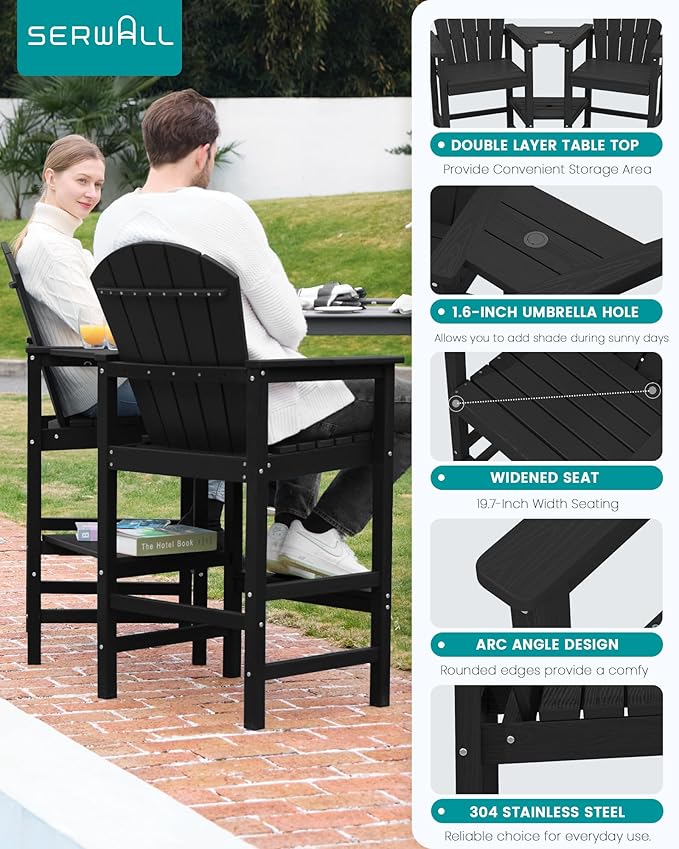 SERWALL Tall Adirondack Chairs Set of 4 with Double Layer Connecting Tray, HDPE Bar Height Outdoor Chairs - Photo 4