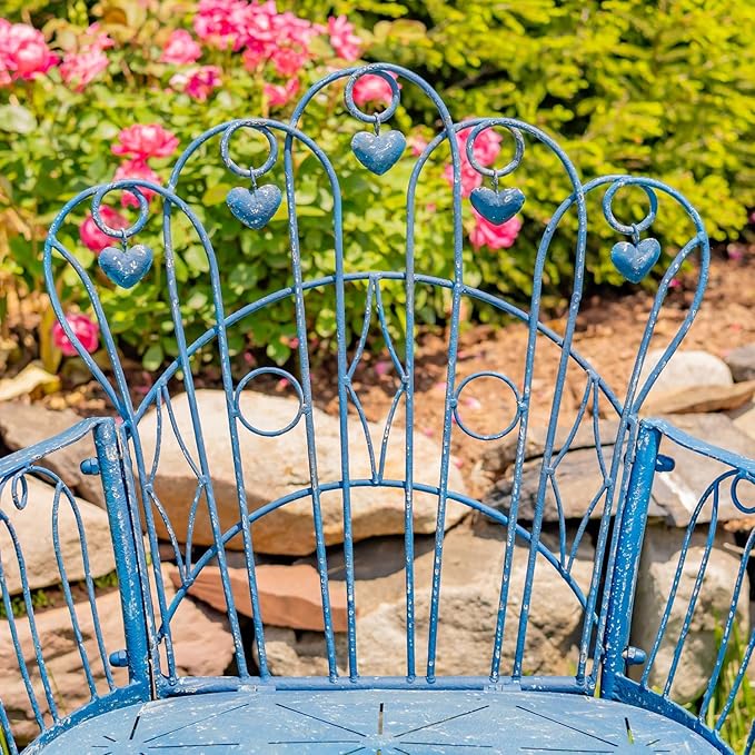 Zaer Ltd. Vintage Style Metal Patio Furniture with Heart Design Accents, Outdoor/Indoor Decor (Vintage Blue, Arm Chair) - Photo 5