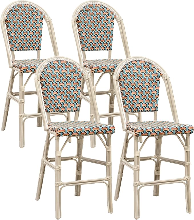 PURPLE LEAF French Counter Height Bar Stool Set of 4 25" White Print Finish Patio Chairs with Back Rattan Bar Chairs - Photo 1