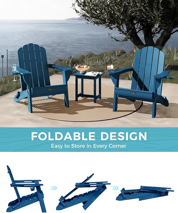 Folding Adirondack Chair, HDPE Adirondack Chair with 2 Cup Holders, Pre-Assembled Outdoor Fire Pit Chairs for Patio - Photo 8