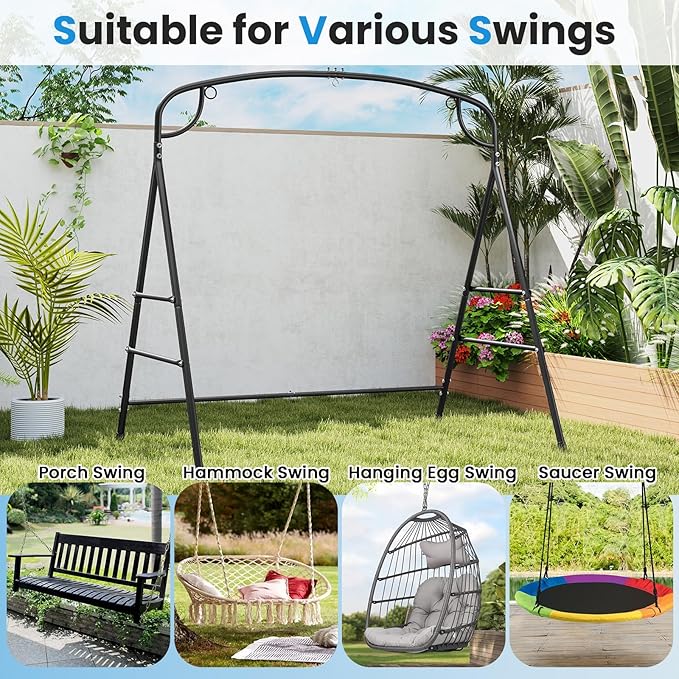 Tangkula Metal Swing Frame, Porch Swing Stand with Extra Side Bars, 3-Ring Design, Heavy Duty A-Frame Swing Stand Frame Outdoor for Lawn, Garden, Backyard