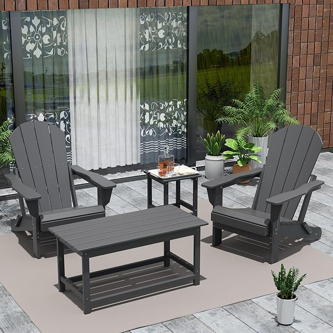 Costaelm 4-Piece Set Outdoor/Patio Poly Adirondack Chairs with a Coffee and a Side Table (2 Seater), Gray