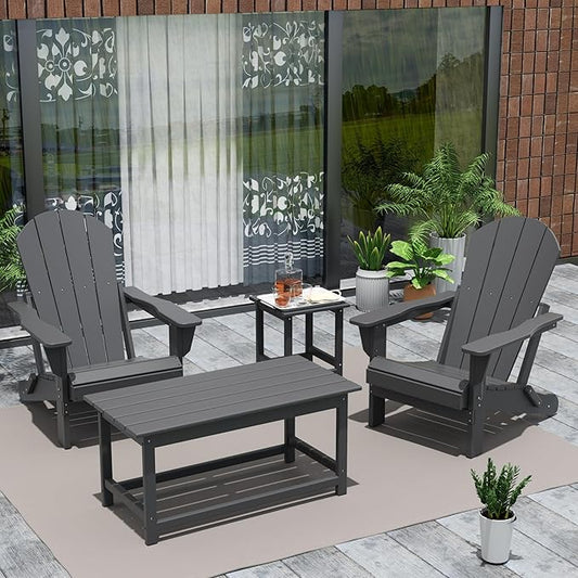 Costaelm 4-Piece Set Outdoor/Patio Poly Adirondack Chairs with a Coffee and a Side Table (2 Seater), Gray