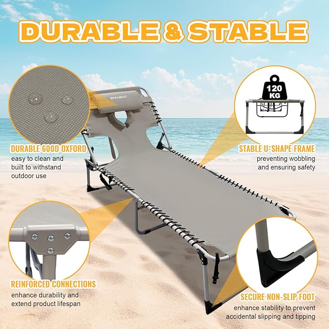 Backpack Sun Tanning Chair with Face Hole & Beach Table, 5-Position Adjustable Folding Lounge Chair Outdoor for Lawn Patio Garden