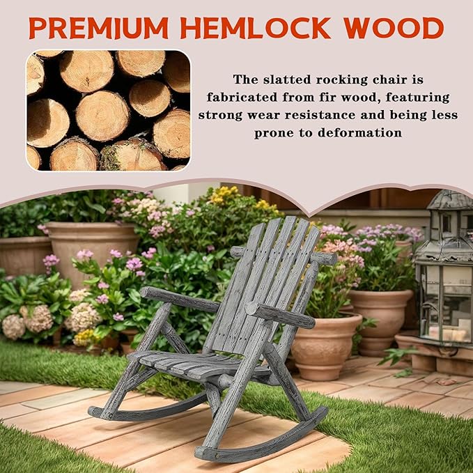 Wooden Rocking Chair Outdoor, Ergonomic High Back Patio Rocking Chairs, Porch Rocker for Backyard/Lawn/Patio/Garden/Balcony/FirePit/Indoor (Light Gray)