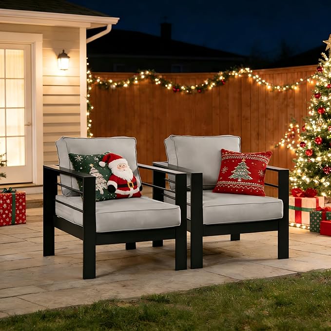 Kiss the Water Outdoor Patio Metal Furniture Chair, 2 PCS All-Weather Aluminum Outdoor Sofa with 5" Thick Soft Cushion and Wide Arm, Deep Seating Patio Couch for Balcony, Porch, Backyard
