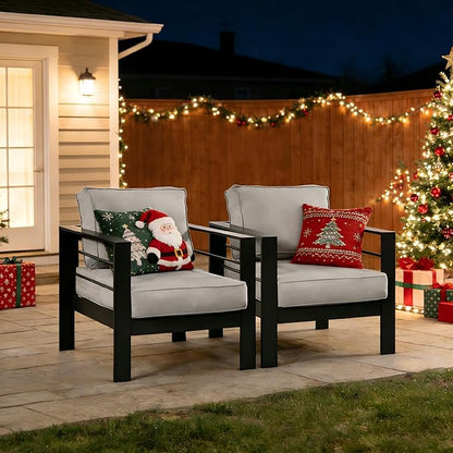 Kiss the Water Outdoor Patio Metal Furniture Chair, 2 PCS All-Weather Aluminum Outdoor Sofa with 5" Thick Soft Cushion and Wide Arm, Deep Seating Patio Couch for Balcony, Porch, Backyard