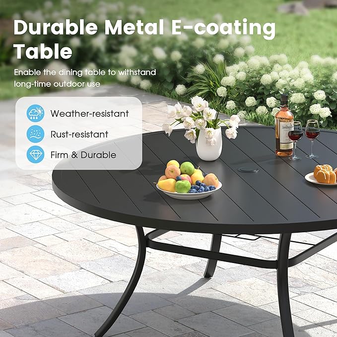 Patio Dining Table for 8-10, Round Metal Outdoor Table with 1.57" Umbrella Hole, 63" Outdoor Slat Tabletop Dining Table for Backyard, Porch, Lawn, Black