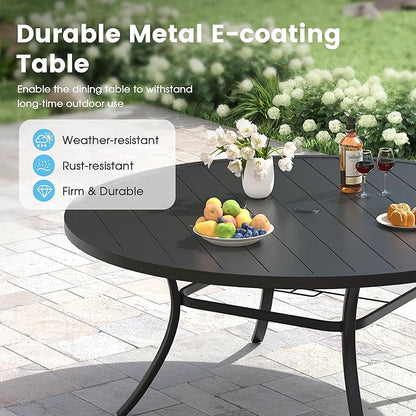 Patio Dining Table for 8-10, Round Metal Outdoor Table with 1.57" Umbrella Hole, 63" Outdoor Slat Tabletop Dining Table for Backyard, Porch, Lawn, Black