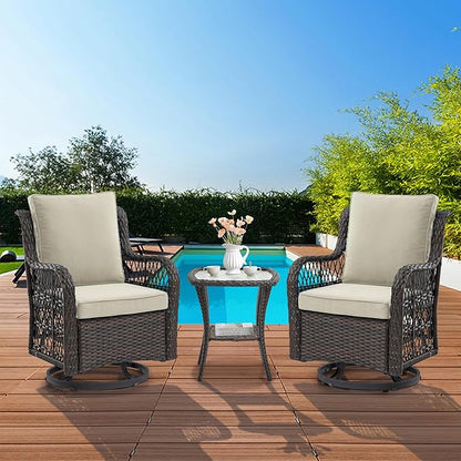 GAOMON 3 Pieces Outdoor Swivel Rocker Chair Set of 2 with Small Side Table, 360-Degree Swivel Rocking Chair, Outdoor Rocking Chair Set for Patio Porch Pool (Dark Brown Wicker/Apricot Cushion)