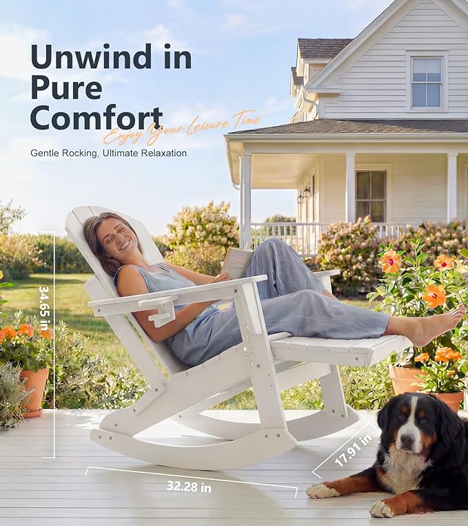 PASAMIC Adirondack Rocking Chairs Set of 2, Foldable All-Weather HDPE Patio Rockers with Retractable Ottoman & Cup Holder, Outdoor Chairs for Porch Backyard Pool Garden Balcony, White
