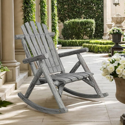 Wooden Rocking Chair Outdoor, Ergonomic High Back Patio Rocking Chairs, Porch Rocker for Backyard/Lawn/Patio/Garden/Balcony/FirePit/Indoor (Light Gray)