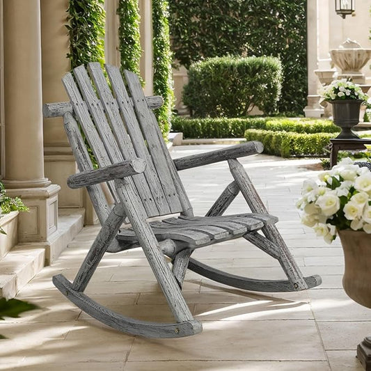 Wooden Rocking Chair Outdoor, Ergonomic High Back Patio Rocking Chairs, Porch Rocker for Backyard/Lawn/Patio/Garden/Balcony/FirePit/Indoor (Light Gray)