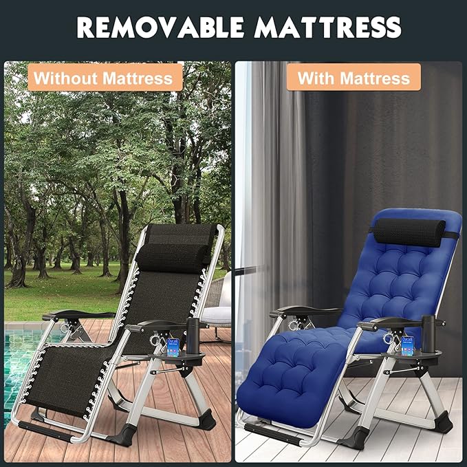 MOPHOTO Zero Gravity Chair, Outdoor Padded Lounge Chair with Side Table, Zero Gravity Recliner Chair, Outdoor Reclining Chair, Sturdy & Comfortable, Supports up to 440lbs