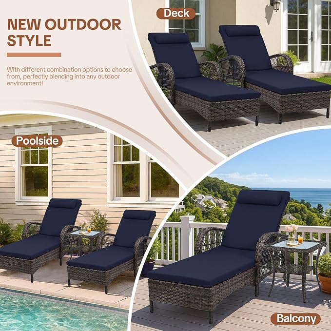 HOMEDIARY Outdoor Wicker Lounge Chair with Cushion, 6-Position Adjustable Patio Chaise Lounge, All Weather Lay Flat Pool Sunbathing Recliner Chair, Armrest and Head Pillow, Fade-Resistant, Navy Blue