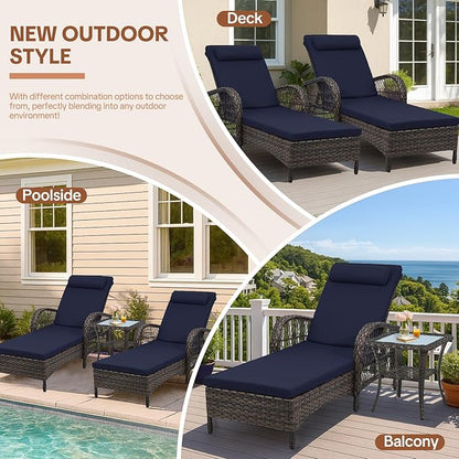 HOMEDIARY 2-Piece Outdoor Wicker Lounge Chairs with Cushion, Rattan Patio Chaise Loungers with 6-Level Backrest, All Weather Lay Flat Pool Sunbathing Recliner Chair, Armrest and Head Pillow, Navy Blue