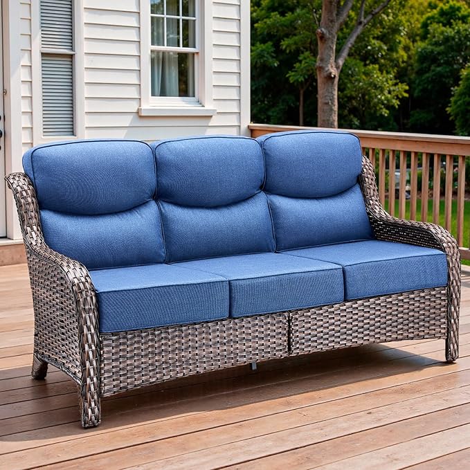 3 Pieces Patio Sofa Set with 6" Thick Cushions, High Back Wicker Sectional Outdoor Sofa with Ottomans - Photo 8