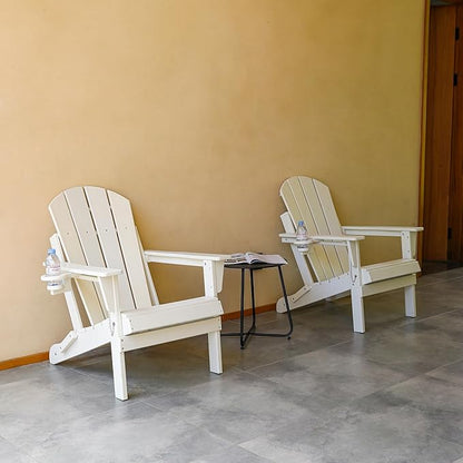 Folding Adirondack Chair with Dual Cup Holder, HDPE Composite Adirondack Chair with Wood Texture, Patio Chairs, Lawn Chairs, Outdoor Chair for Deck, Backyard, Garden (White)