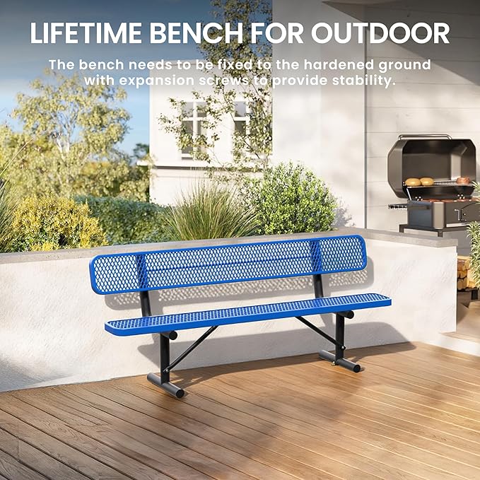 8FT Heavy Duty Park Bench with Back Portable Frame, Outdoor Steel Bench with Backrest, Outdoor Park Bench Expanded Metal Mesh Bench for Lawn, Park, Deck, Garden, Patio, Porch, Black (Blue, 8FT)