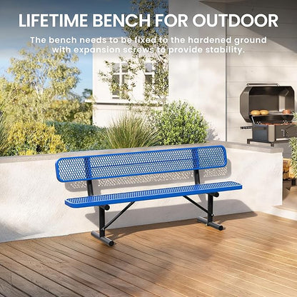 8FT Heavy Duty Park Bench with Back Portable Frame, Outdoor Steel Bench with Backrest, Outdoor Park Bench Expanded Metal Mesh Bench for Lawn, Park, Deck, Garden, Patio, Porch, Black (Blue, 8FT)