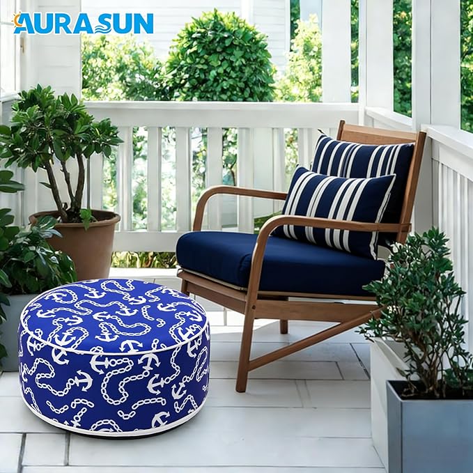 AURASUN Inflatable Patio Ottoman Pouf - Portable Stool with Handle D20” x H10” - Air Pump Included for Outdoor Indoor Use - Comfortable Foot Rest or Seating for Garden Camping or Home (Navy Blue)