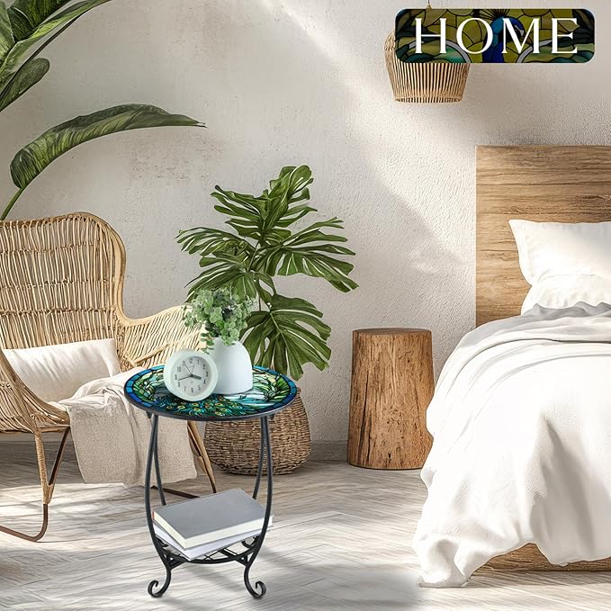 Outdoor Side Table Round Small Mosaic Patio Accent Indoor End Plant Coffee Tea Table for Yard Patio Porch Garden Living Room, Bedroom(Peacock Style,16 Inch)