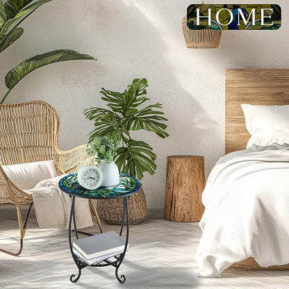 Outdoor Side Table Round Small Mosaic Patio Accent Indoor End Plant Coffee Tea Table for Yard Patio Porch Garden Living Room, Bedroom(Peacock Style,16 Inch)