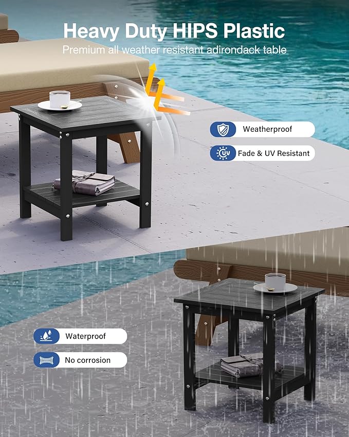 YEFU Outdoor Side Table for Patio: 16x16 in HIPS Square Outdoor End Table - 2-Tier Adirondack Tables for Patio Porch Poolside Living Room Beach Bedroom, Black