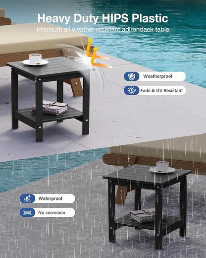 YEFU Outdoor Side Table for Patio: 16x16 in HIPS Square Outdoor End Table - 2-Tier Adirondack Tables for Patio Porch Poolside Living Room Beach Bedroom, Black