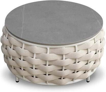 Short Round Patio Side Table: Assembled Hand Woven Rope Accent Tables - Aluminum Outdoor Coffee Table Modern - Metal Porch Furniture for 176lbs Deck Pool Garden Balcony Hotel φ25.6''/65cm, Beige