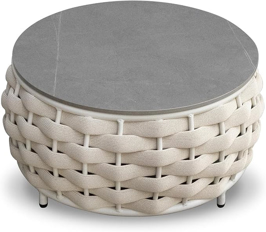 Short Round Patio Side Table: Assembled Hand Woven Rope Accent Tables - Aluminum Outdoor Coffee Table Modern - Metal Porch Furniture for 176lbs Deck Pool Garden Balcony Hotel φ25.6''/65cm, Beige