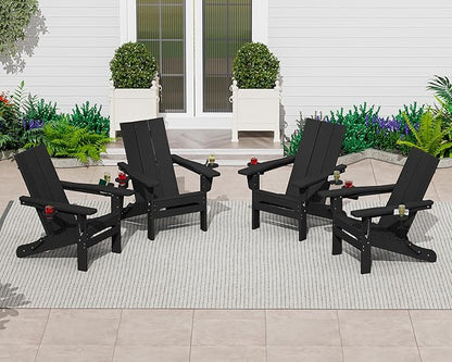 SERWALL Double Cups Adirondack Chair Set of 4, Folding Modern Adirondack Chairs, HDPE Outdoor Adirondack Chair for Patio, Black