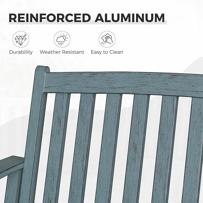 Grand patio 52" Farmhouse Outdoor Bench, Garden Benches with Anti-Rust Aluminum Metal Frame, Faux Wood Grain Finish Frame Patio Bench for Front Porch, Weathered Blue