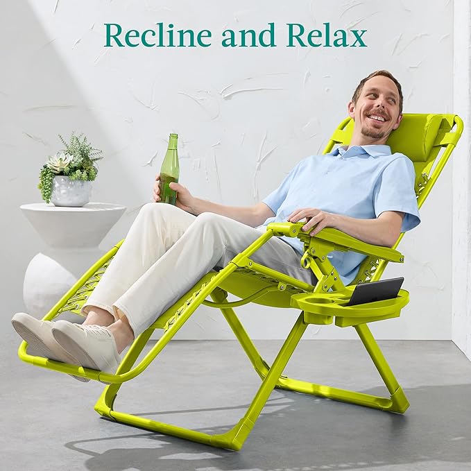 Best Choice Products Adjustable Zero Gravity Chair, Monochromatic Color Folding Patio Recliner w/Side Tray, Headrest - Neon
