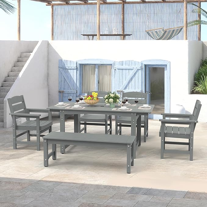 51" 2-Person Outdoor Bench, Weatherproof HIPS Patio Dining Bench Holds up to 800LBS, Poly Lumber Garden Bench with Wood Grains for Porch, Garden, Deck, Entryway, Grey