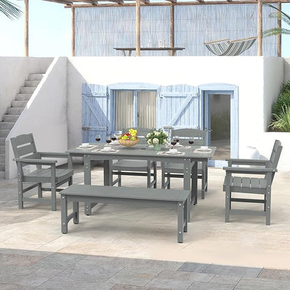 67" Outdoor Dining Table with Umbrella Hole, HIPS All-Weather Rectangular Patio Table for Outdoor/Indoor Use, Grey