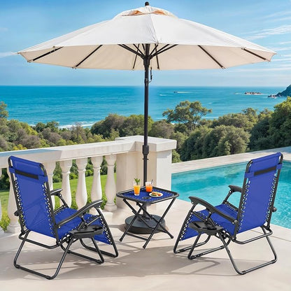 Magshion Folding Zero Gravity Chairs Set of 2, Outdoor Reclining Camping Chairs, Patio Lounge Recliners with Side Table & Cup Holder Tray, Blue