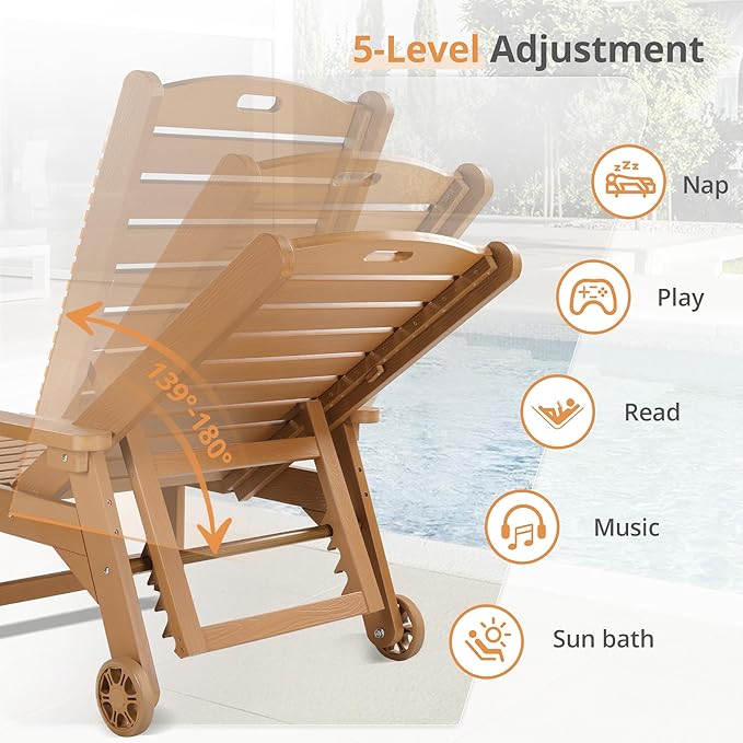 LUE BONA HDPS Chaise Lounge Chair with Table, 2-Piece, Outdoor Pool Lounge Chairs with Adjustable Backrest, Resin Patio Lounge Chairs with Wheels for Outside, Teak Color
