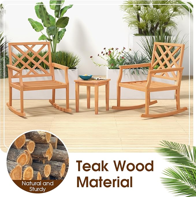 Tangkula Teak Wood Rocking Chair, Oversized Porch Rocker with Backrest and Slatted Seat, Outdoor Rocker Chair for Patio, Backyard and Lawn, 330 LBS Weight Capacity (1, 32 x 28 x 35 Inch)