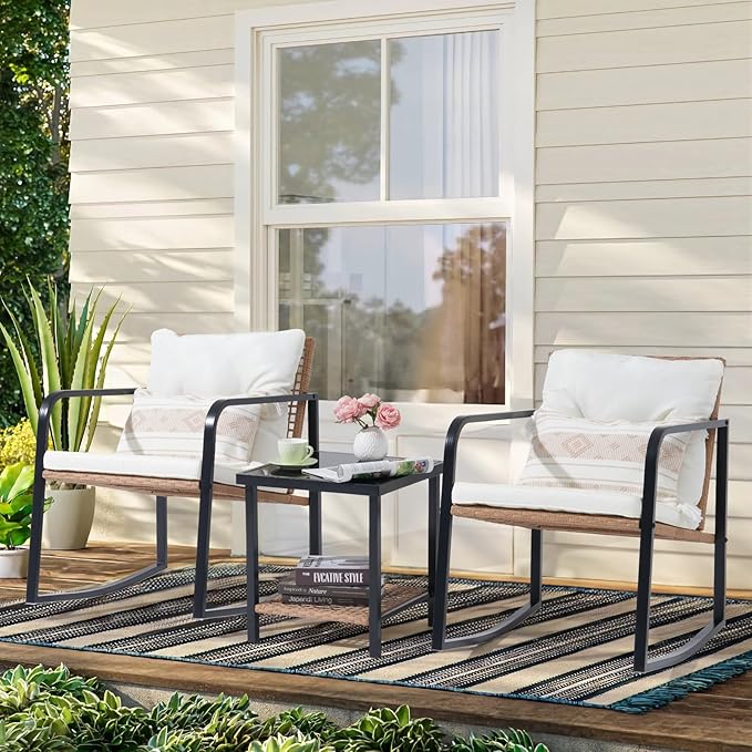 Verano Garden 3 Pieces Rocking Bistro Set, Small Wicker Patio Furniture Set - Photo 2