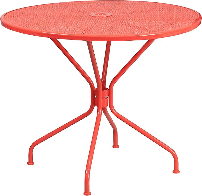 Flash Furniture Oia Commercial Grade 35.25" Round Coral Indoor-Outdoor Steel Patio Table with Umbrella Hole