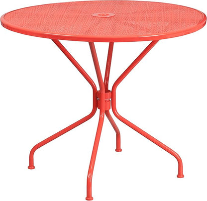 Flash Furniture Oia Commercial Grade 35.25" Round Coral Indoor-Outdoor Steel Patio Table with Umbrella Hole