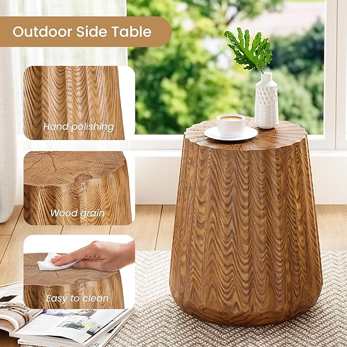 COSIEST Wooden Outdoor Side Table, Round MgO Concrete End Patio Side Table, Lightweight Cylinder Top Plant Stand with Rotund Base for Garden and Deck