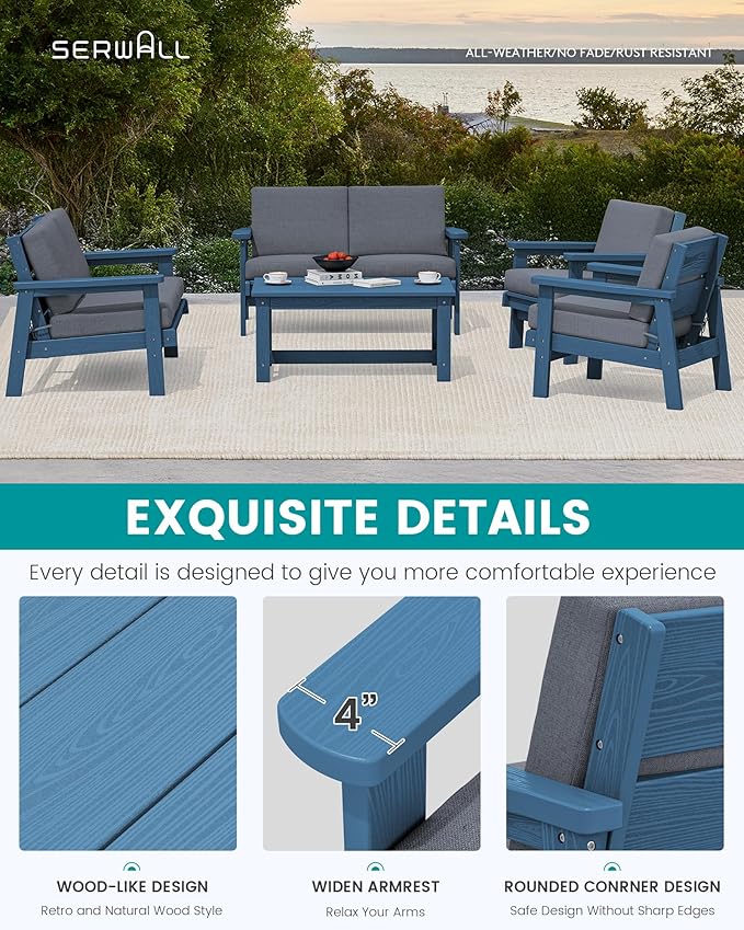 SERWALL HDPE Patio Furniture Set, 5 Piece All Weather Wood-Like Sectional Outdoor Furniture Set - Photo 4