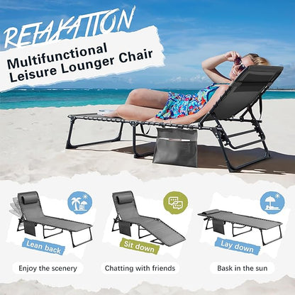 Greesum Chaise Lounge Folding Tanning Chair with 5 Position Adjustable Back, Detachable Pillow & Pocket Outside Pool, Beach, Sunbathing, Gray