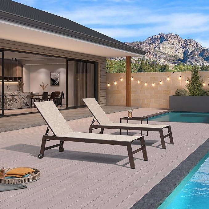 PURPLE LEAF Outdoor Chaise Lounge Chair Set of 2, Patio Pool Textilene Loungers with Adjustable Backrest and Wheels, Includes Side Table for Deck, Lawn, Garden, Beige