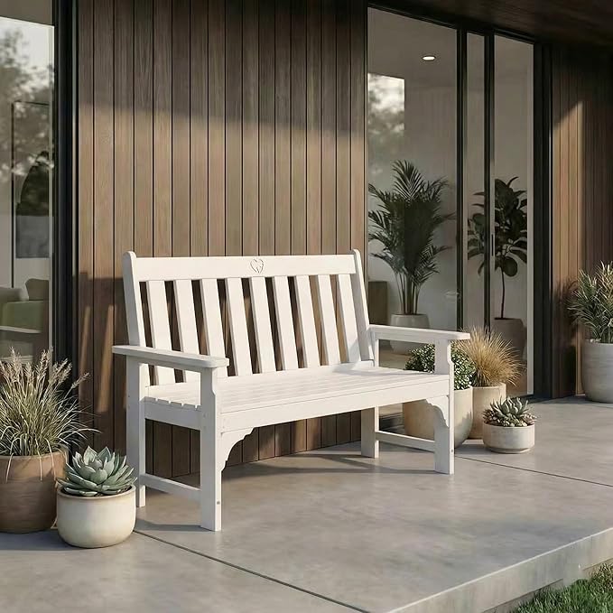 2-Person Outdoor Garden Bench, HDPE All-Weather Patio Bench with Backrest & Armrests, Heavy Duty Outdoor Seating for Porch, Backyard & Park, 660 lbs (White, 1 Bench)