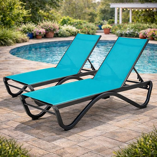 Kozyard Outdoor Chaise Lounge Chair, Full Aluminum Frame and Textilene Fabric, Adjustable Reclining Patio Lounger for Poolside, Sunbathing & Backyard(Aqua, 2Chairs)