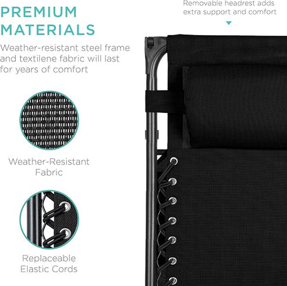 Best Choice Products Folding Zero Gravity Outdoor Recliner Patio Lounge Chair w/Adjustable Canopy Shade, Headrest, Side Accessory Tray, Textilene Mesh - Black