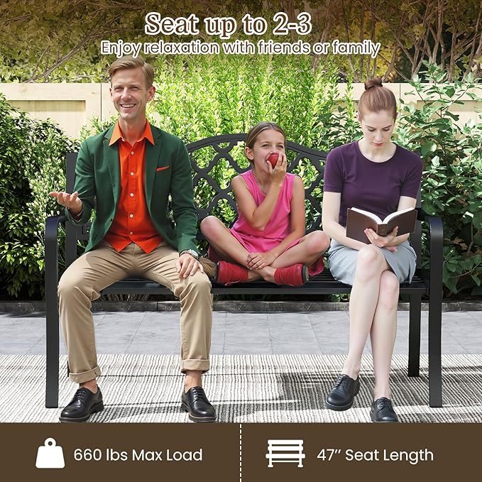 Tangkula 50.5” Metal Outdoor Park Bench, Slatted Patio Garden Bench for 2-3 People, Park-Style Loveseat with Curved Armrests, Heavy-Duty Outdoor Seating for Backyard, Lawn, Porch